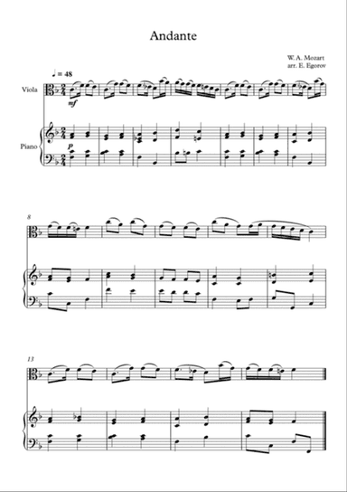 Andante (In Eb Major), Wolfgang Amadeus Mozart, For Viola & Piano