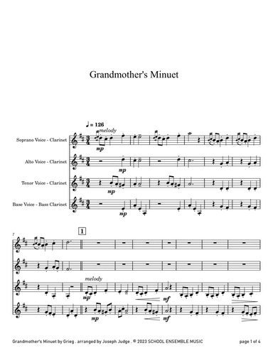 Grandmother's Minuet by Grieg for Clarinet Quartet in Schools