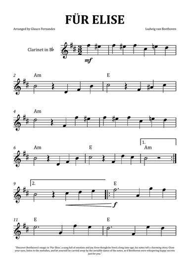 Für Elise by Beethoven - Clarinet Solo with Chord Notation