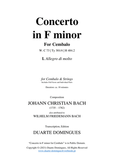 Concerto in F Minor for Harpsichord & Strings - I. Allegro di molto, WC 73 (Full Score & Parts)