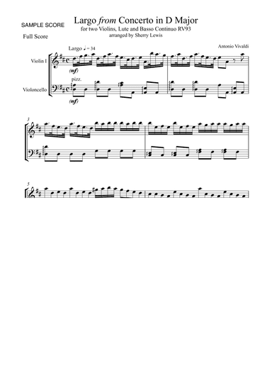 LARGO from Concerto in D for 2 Violins and Lute, RV93, String Duo, Intermediate Level for violin and