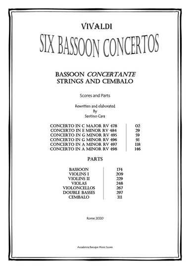 Vivaldi - Six Concertos for Bassoon, Strings and Cembalo - Scores and Parts