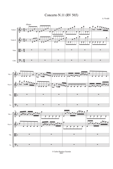 Vivaldi Concerto RV 565 in d min arr. String Quartet Score and parts