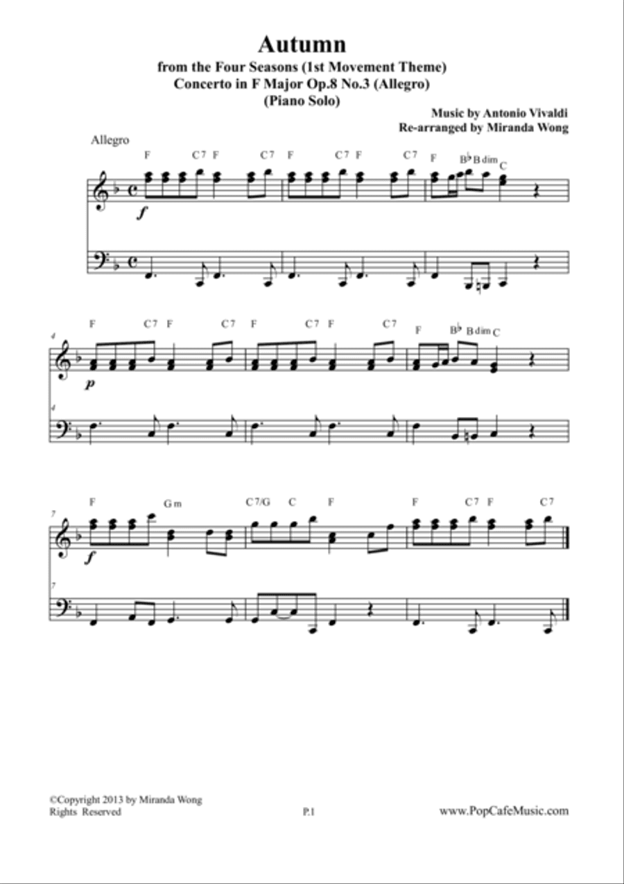 Autumn from "The Four Seasons" - Original F Key for Piano Solo