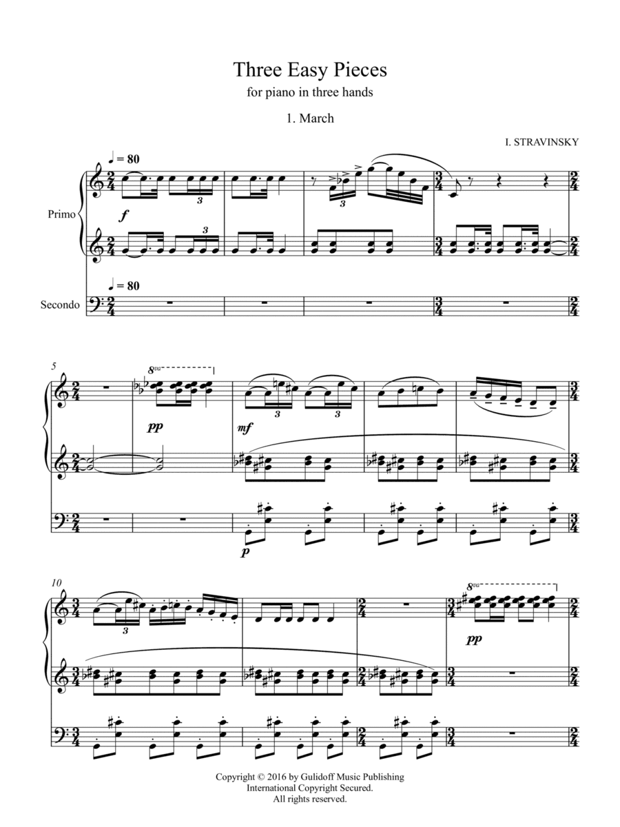 Three Easy Pieces for piano in three hands 1. March