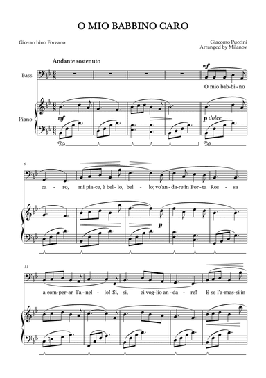 O Mio Babbino Caro | Male Voice Bass | B-flat Major | Piano accompaniment | Pedal