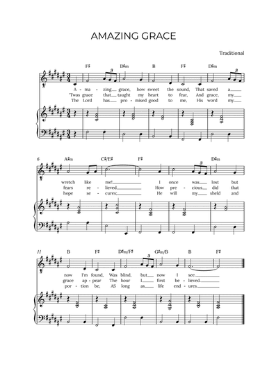 AMAZING GRACE - for piano and tenor in F# major with chords