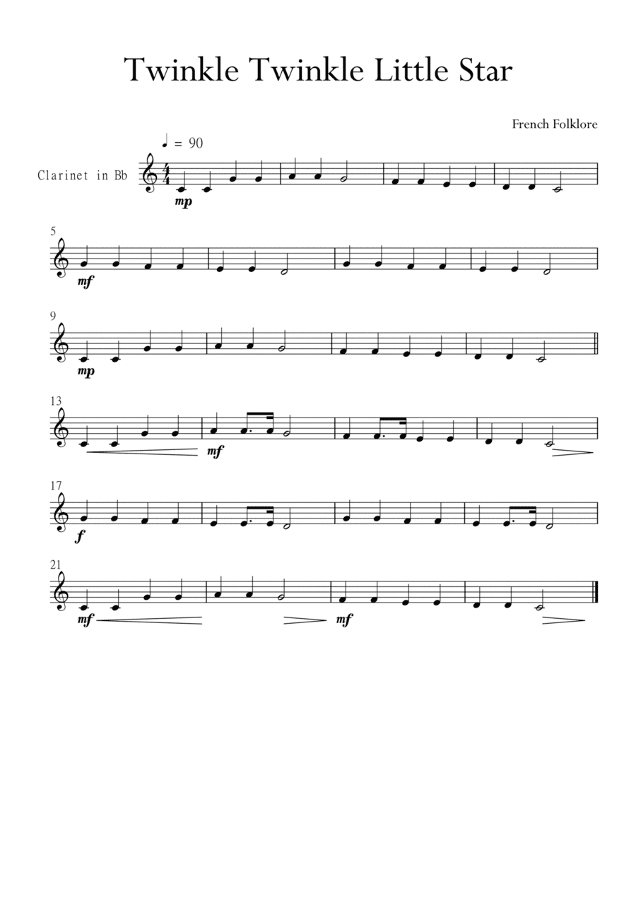 Twinkle Twinkle Little Star for Clarinet in Bb Major. Very Easy.