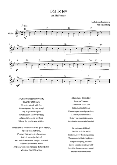 Beethoven - Ode to Joy for violin in Bb with chords.
