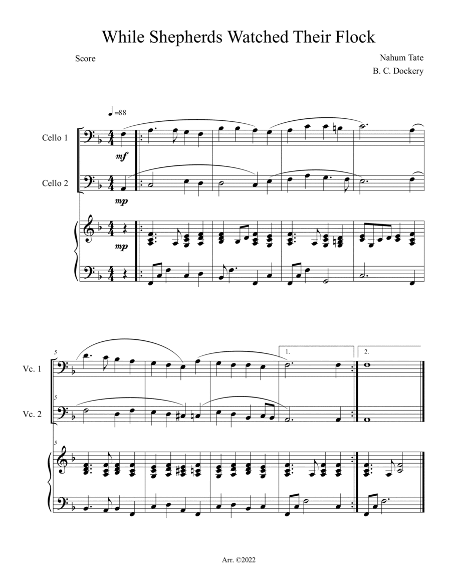 While Shepherds Watched Their Flock (Cello Duet with Piano Accompaniment)