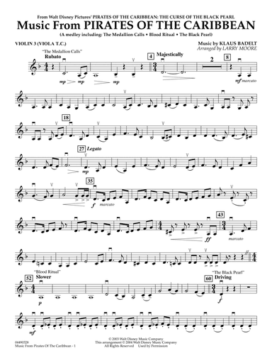 Music from Pirates Of The Caribbean (arr. Larry Moore) - Violin 3 (Viola T.C.)