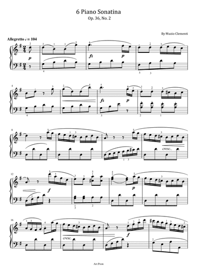 Clementi - 6 Piano Sonatina in G Major, Op.36 No.2 - For Piano Solo Original With Fingered