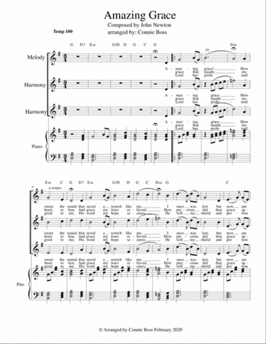 Amazing Grace - vocal trio and piano Key of G - higher range