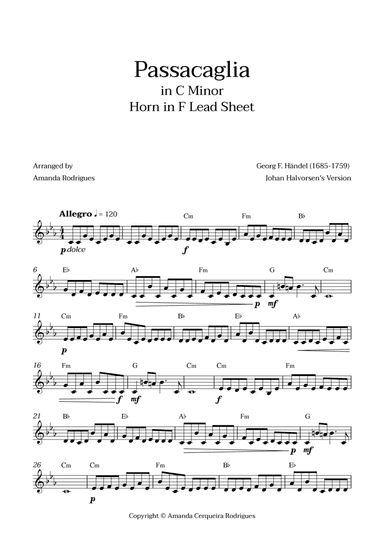 Passacaglia - Easy Horn in F Lead Sheet in Cm Minor (Johan Halvorsen's Version)