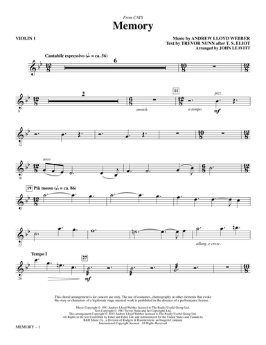 Memory (from Cats) (arr. John Leavitt) - Violin 1