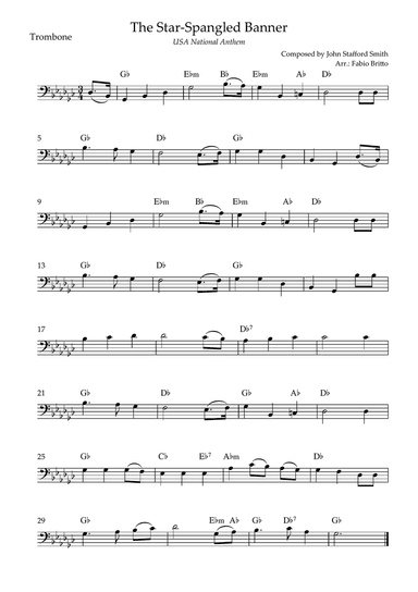 The Star Spangled Banner (USA National Anthem) for Trombone Solo with Chords (Gb Major)