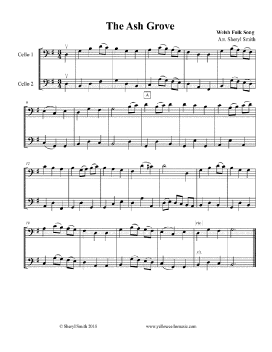 Ash Grove, a Welsh Folk song for two beginner cellists / cello duo, duet