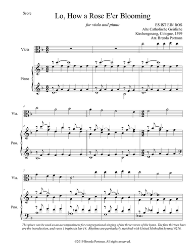 Lo, How a Rose E'er Blooming (viola/piano), arr. Brenda Portman