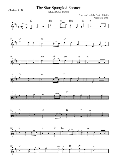 The Star Spangled Banner (USA National Anthem) for Clarinet in Bb Solo with Chords (C Major)