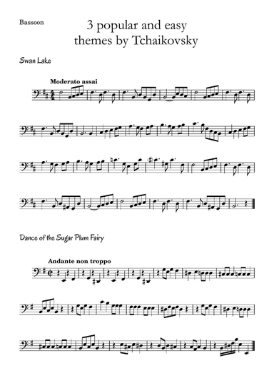 3 popular and easy themes by Tchaikovsky with accompaniment and chord symbols for Bassoon