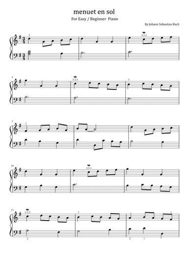 J.S. Bach - menuet en sol - For Easy / Beginner Piano With Finger