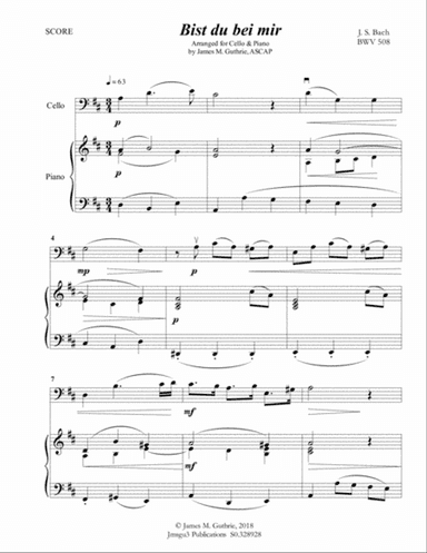 Bach: Bist du bei mir BWV 508 for Cello & Piano