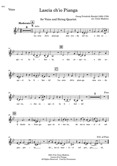 Lascia Ch'io Pianga - Voice and String Quartet - Bb Major (Individual Parts)