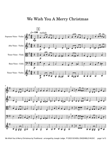 We Wish You A Merry Christmas for String Quartet in Schools