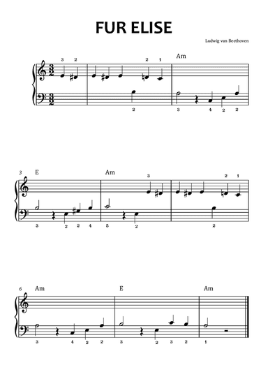 Fur Elise, Easy Piano with Chord Notation