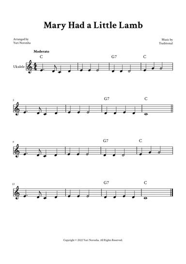 Mary Had a Little Lamb - Ukulele (C Major - Melody and Chords)