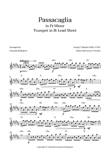 Passacaglia - Easy Trumpet in Bb Lead Sheet in F#m Minor (Johan Halvorsen's Version)