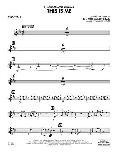 This Is Me (from The Greatest Showman) (arr. Mark Taylor) - Tenor Sax 1