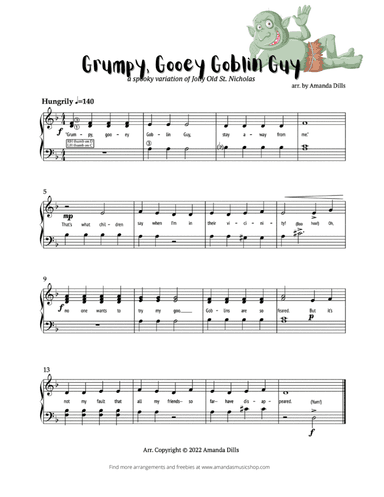 Grumpy Gooey Goblin Guy (a Halloween variation of Jolly Old St Nicholas for Easy Piano)