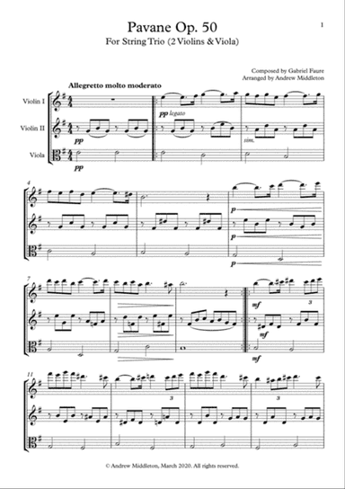 Pavane Op. 5 arranged for Two Violins & Viola