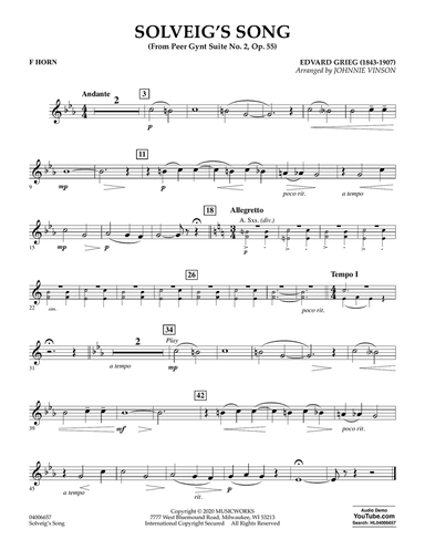 Solveig's Song (from Peer Gynt Suite No. 2) (arr. Johnny Vinson) - F Horn