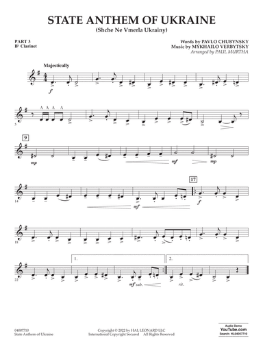 State Anthem of Ukraine (Shche Ne Vmerla Ukrainy) (arr. Murtha) - Pt.3 - Bb Clarinet