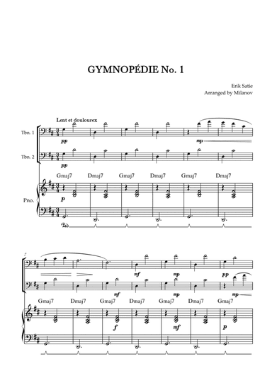 Gymnopédie no 1 | Trombone Duet | Original Key | Chords | Piano accompaniment |Easy intermediate
