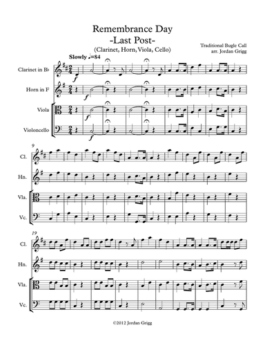 Remembrance Day. 'Last Post' (Clarinet, Horn, Viola, Cello)