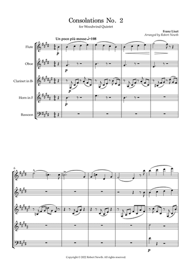 Consolations No. 2 (by Franz Liszt) for Wind Quintet