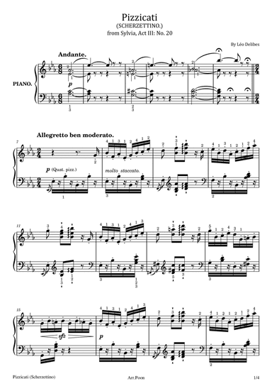 Léo Delibes - Pizzicati from Sylvia, Act III: No. 20 - Original For Piano Solo With Fingered