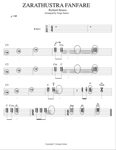 Zarathustra Fanfare - Guitar Tab (duet), Bass, Drums
