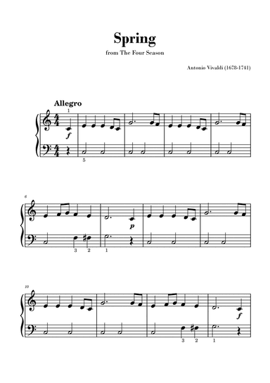 Spring from 'The Four Seasons' by Vivaldi - Easy/Beginner Piano