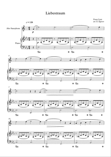 Liebestraum (Dream Of Love), Franz Liszt, For Alto Saxophone & Piano