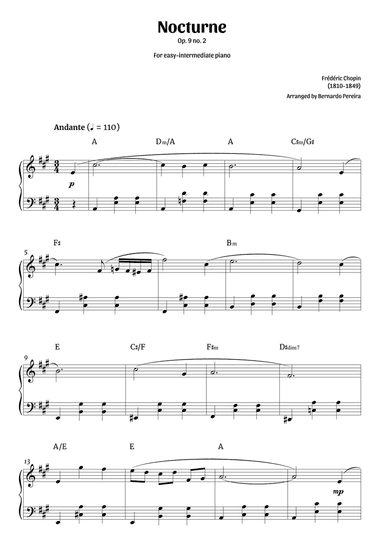 Nocturne Op. 9 no. 2 (easy-intermediate piano in A major – clean with chords)