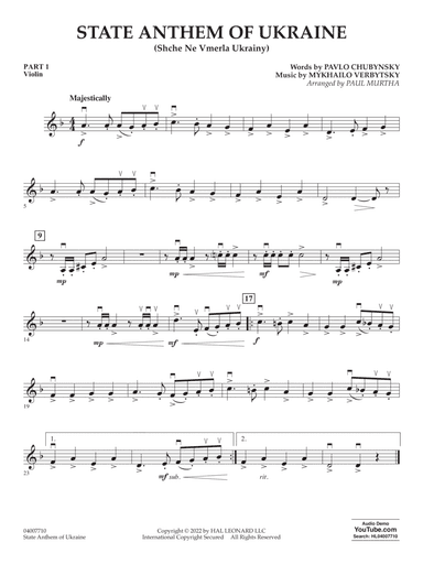 State Anthem of Ukraine (Shche Ne Vmerla Ukrainy) (arr. Murtha) - Pt.1 - Violin