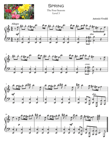 Spring (The Four Seasons) by Vivaldi Piano Solo Level 2 with note names