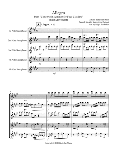 Allegro (from "Concerto for Four Claviers") (A min) (Alto Saxophone Quintet)