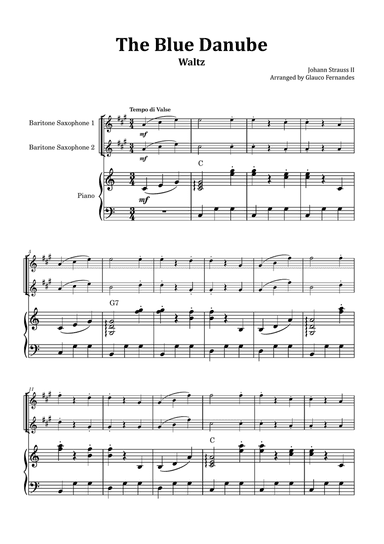 The Blue Danube - Baritone Saxophone Duet with Piano and Chord Notations