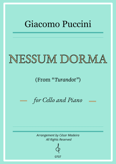 Nessun Dorma by Puccini - Cello and Piano (Individual Parts)