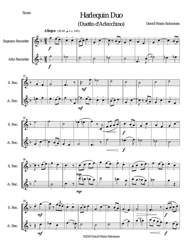 Harlequin Duo (Duetto d'Arlecchino) for soprano and alto recorders